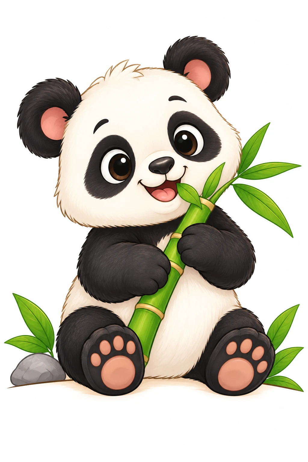 Panda coloring page — colored preview: a baby panda hugging a bamboo stalk with green leaves