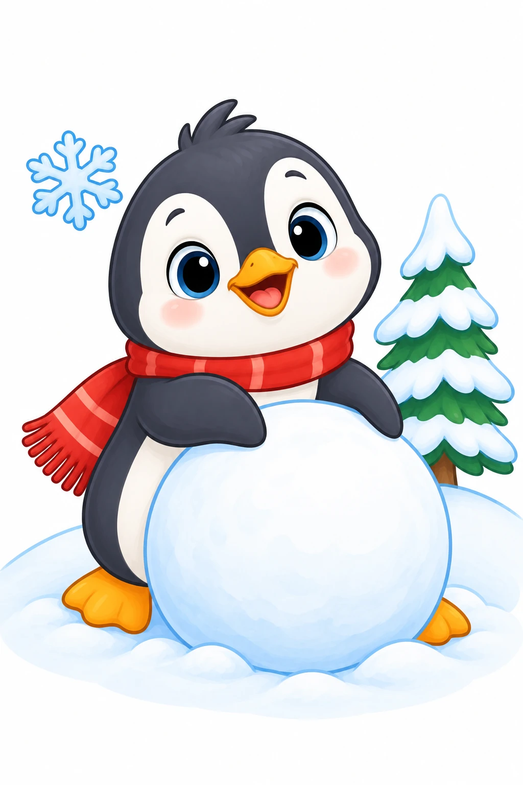 Penguin coloring page — colored preview: a baby penguin wearing a red scarf, rolling a giant snowball beside a snow-covered pine tree