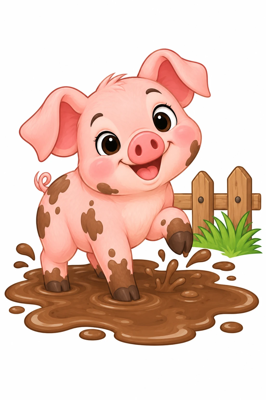 Piglet coloring page — colored preview: a baby piglet splashing in a mud puddle, beside a wooden fence