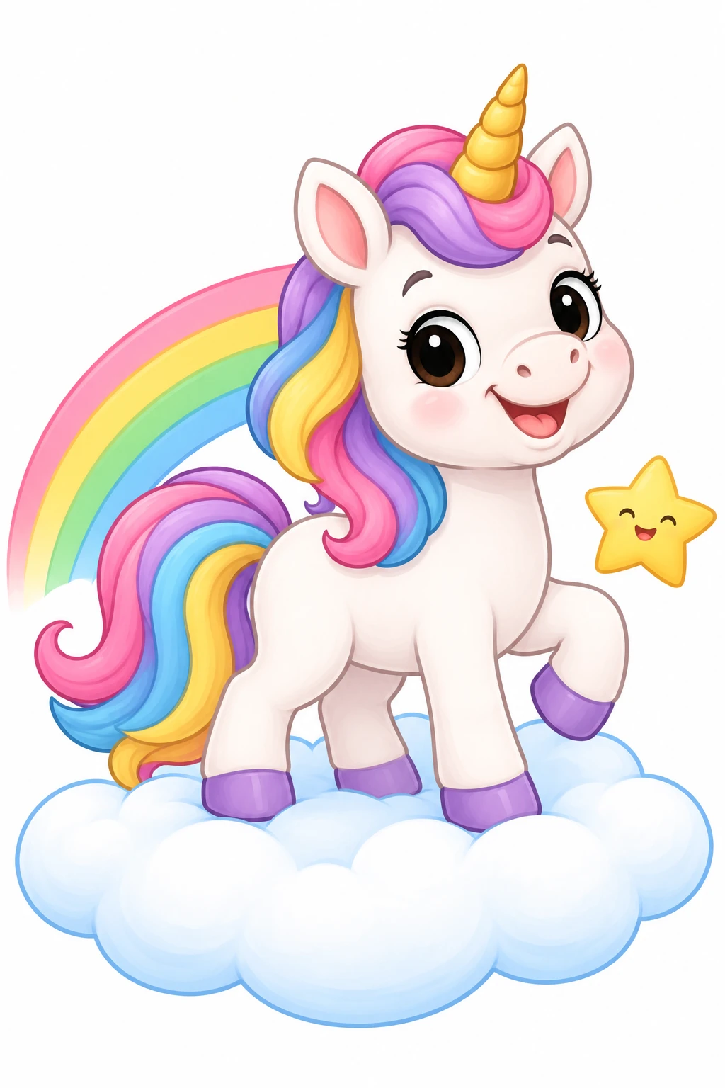Unicorn coloring page — colored preview: a baby unicorn with a rainbow mane and tail, standing on a cloud beside a rainbow and a smiling star
