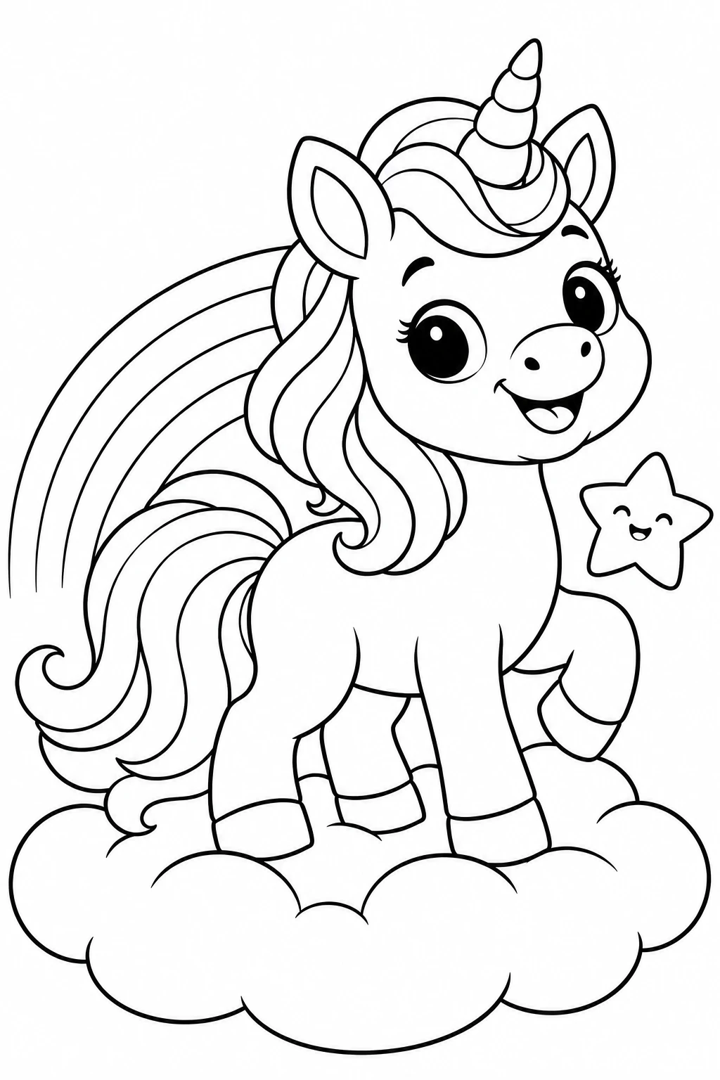 Unicorn coloring page — black-and-white outline to print and color: a baby unicorn with a rainbow mane, standing on a cloud