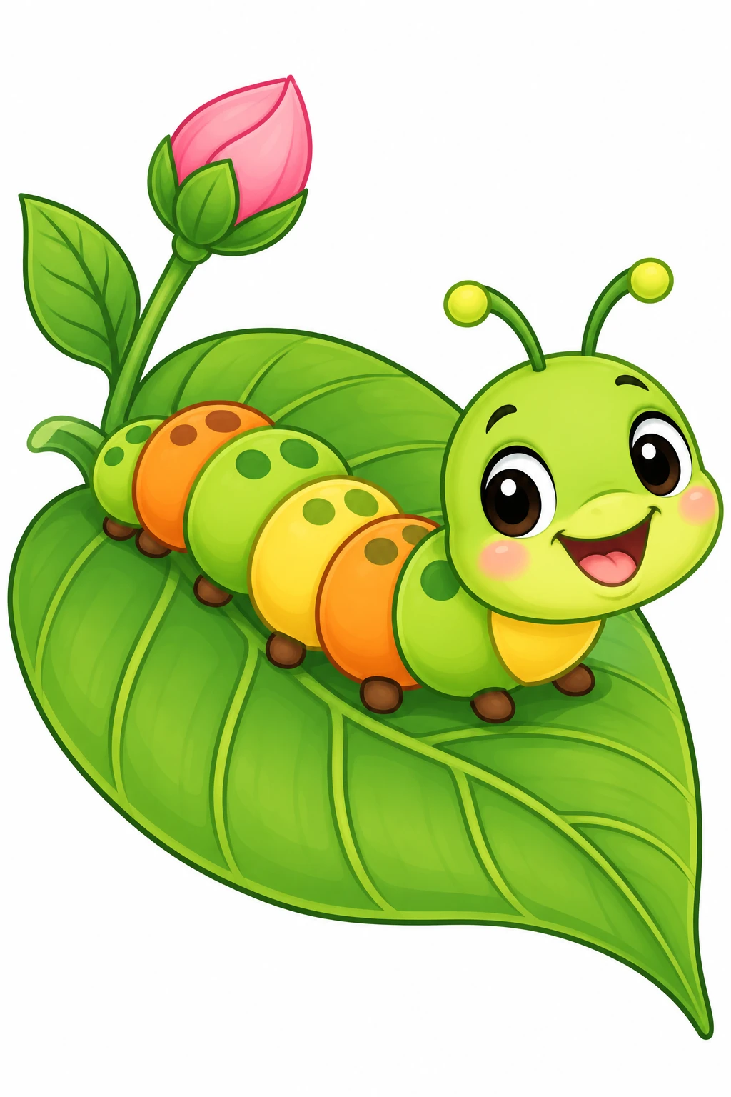 Caterpillar coloring page — colored preview: a colorful striped caterpillar crawling on a leaf, beside a pink flower bud
