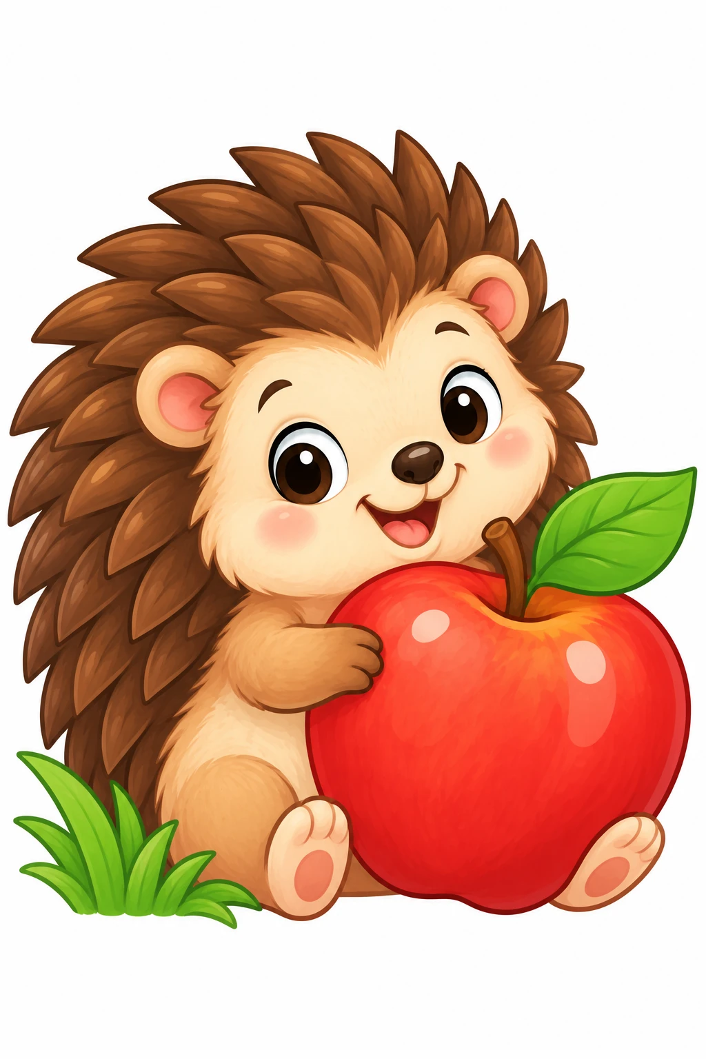 Hedgehog coloring page — colored preview: a baby hedgehog holding a big red apple, sitting in the grass