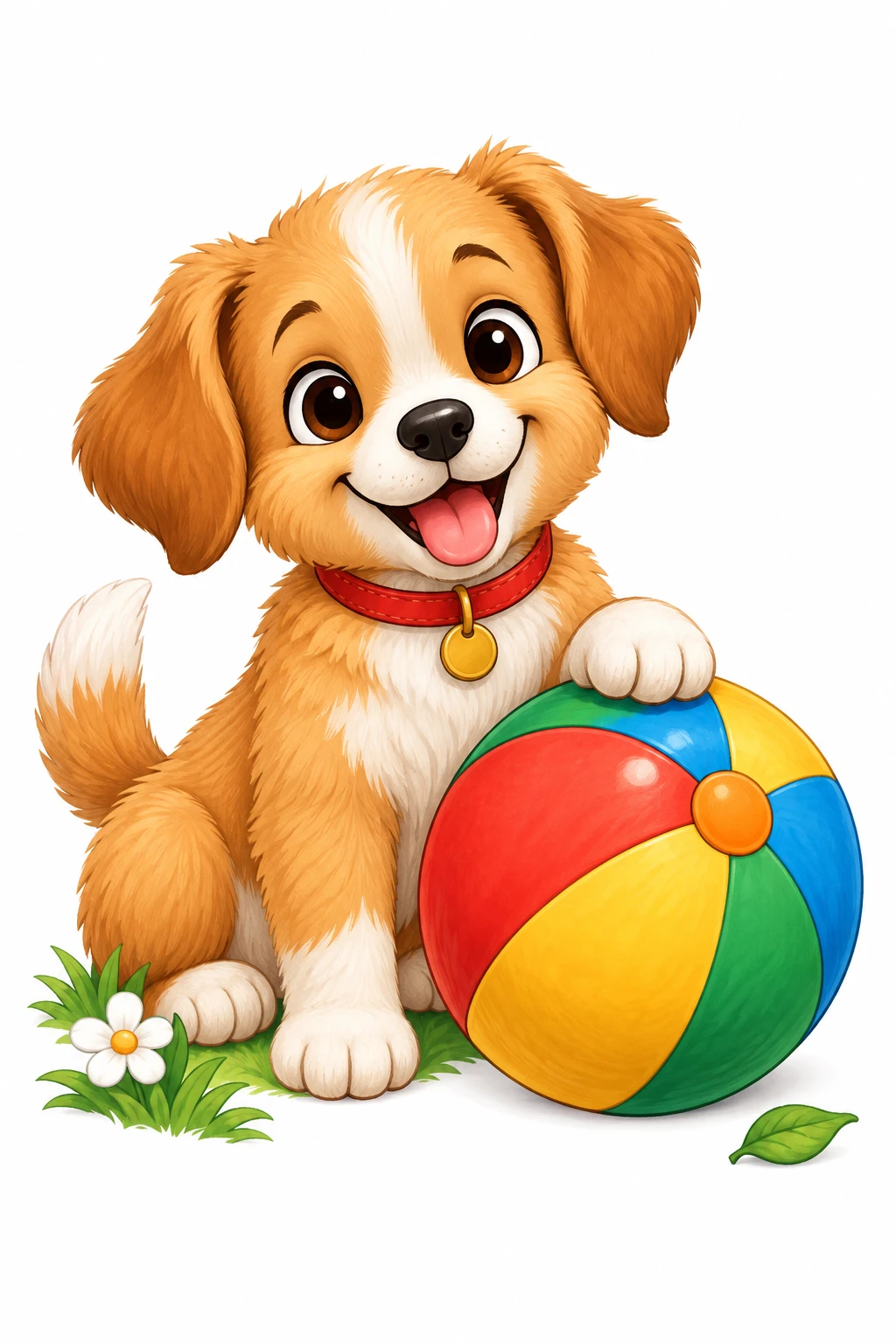 Puppy coloring page — colored preview: a baby puppy wearing a red collar, playing with a colorful striped beach ball