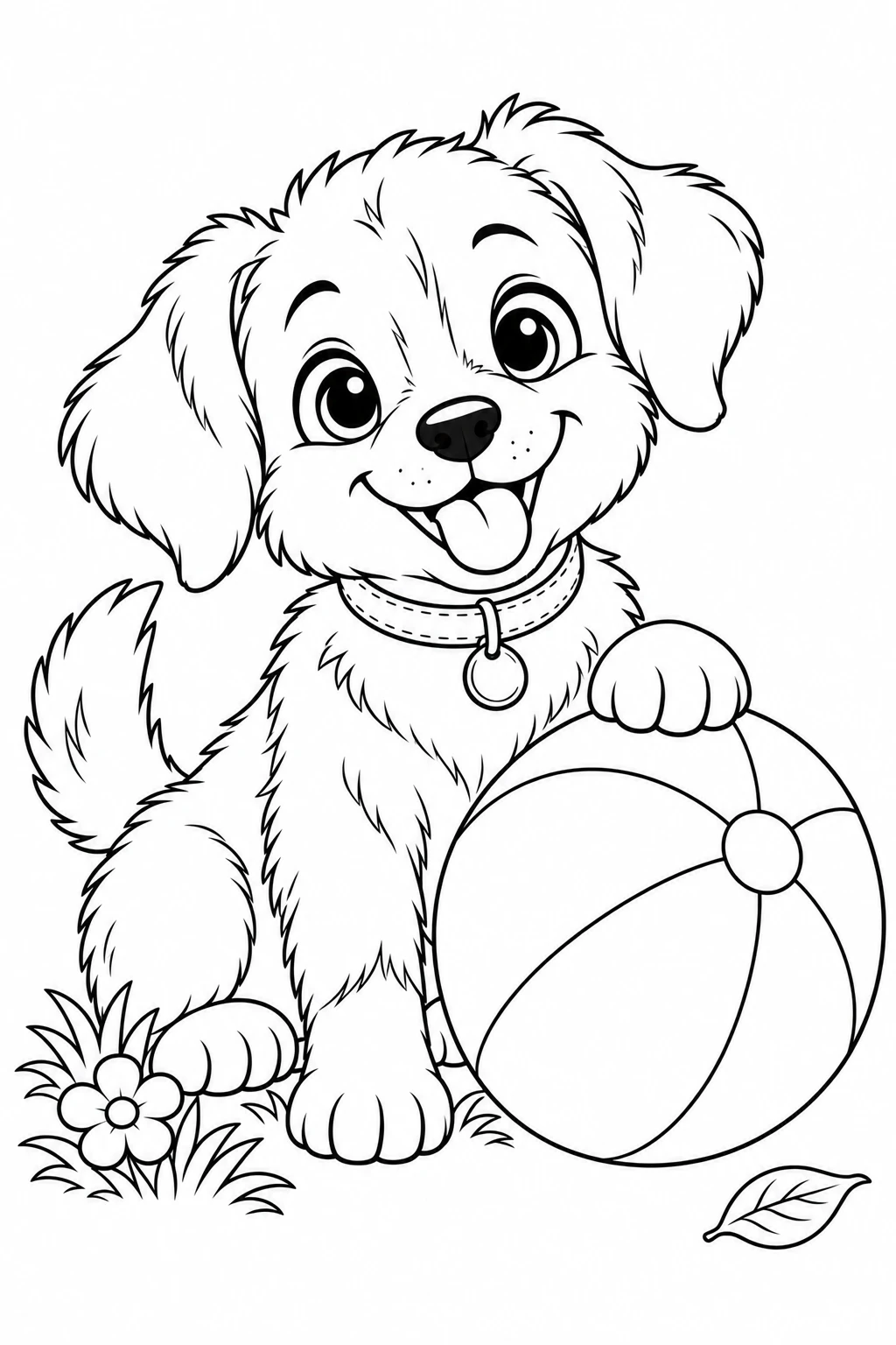 Puppy coloring page — black-and-white outline to print and color: a baby puppy playing with a striped beach ball