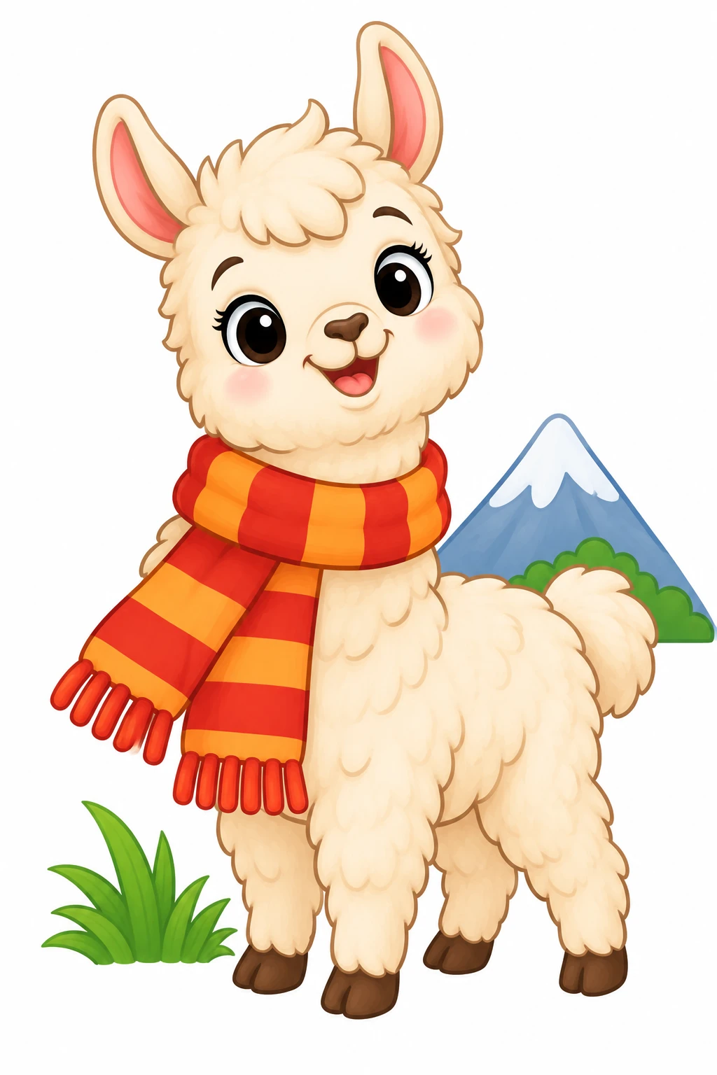 Llama coloring page — colored preview: a baby llama wearing a red-and-orange striped scarf, standing near a snow-capped mountain