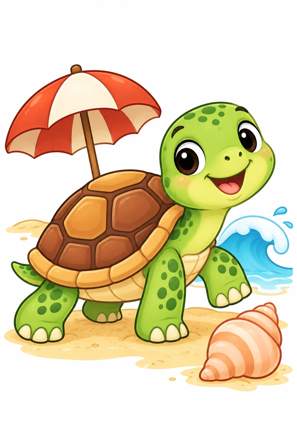 Turtle coloring page — colored preview: a baby turtle on the beach under a striped umbrella, with an ocean wave and a seashell nearby