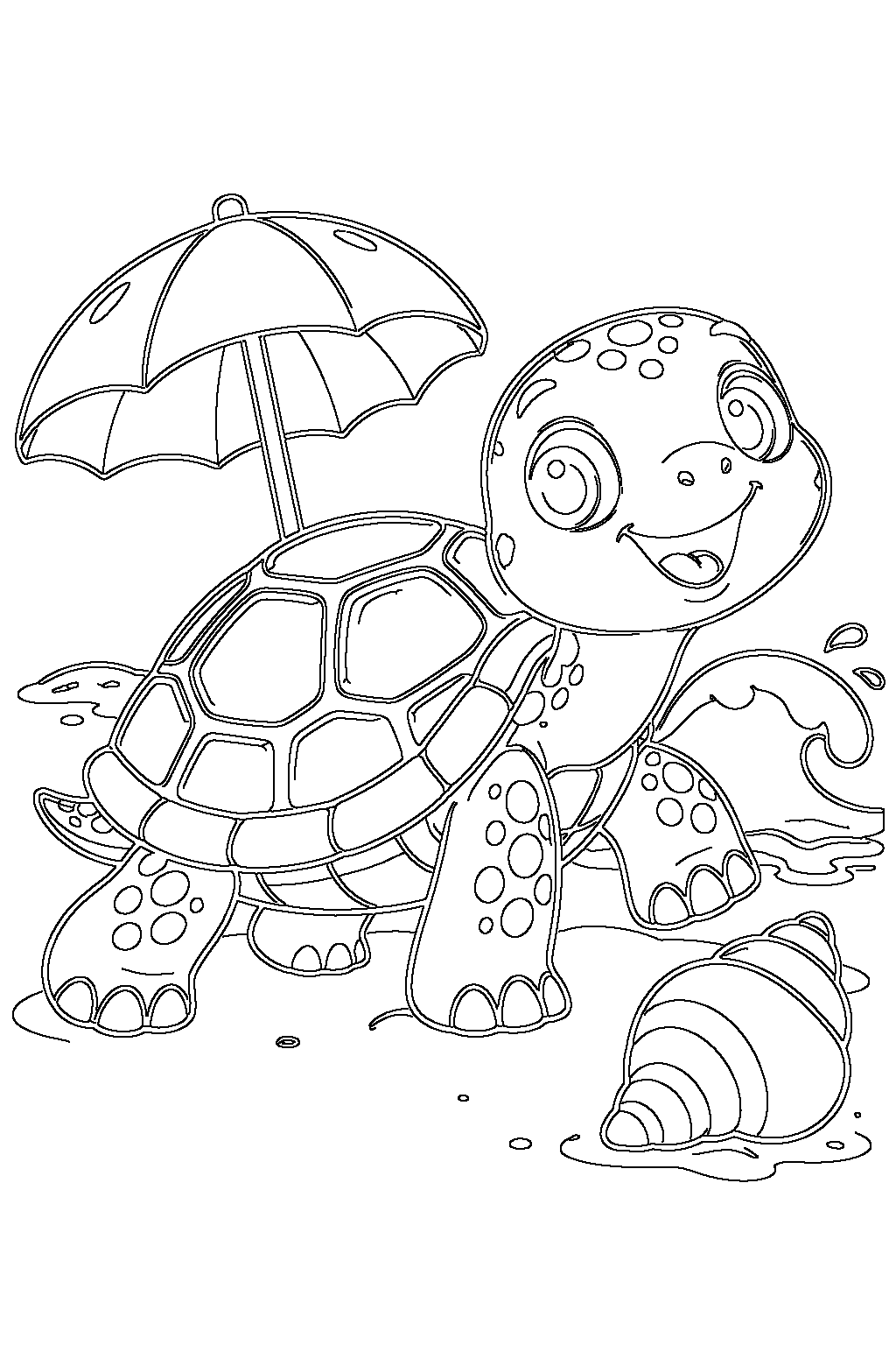 Turtle coloring page — black-and-white outline to print and color: a baby turtle on the beach under an umbrella
