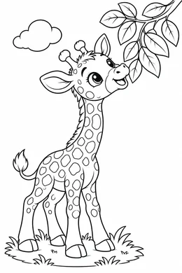 Giraffe coloring page — black-and-white outline to print and color: a baby giraffe reaching up to a leafy branch