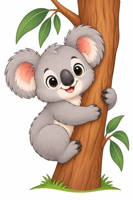 Koala coloring page — colored preview: a baby koala hugging a tree trunk, with eucalyptus leaves on the branch above