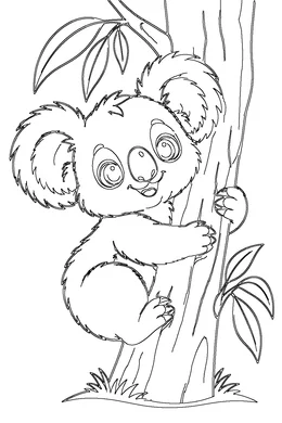 Koala coloring page — black-and-white outline to print and color: a baby koala hugging a tree trunk