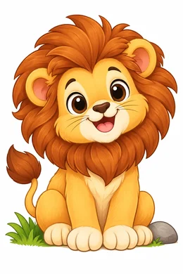 Lion coloring page — colored preview: a baby lion cub with a big fluffy mane, sitting in the grass beside a rock