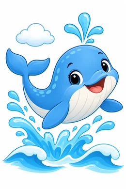 Whale coloring page — colored preview: a baby whale leaping out of ocean waves with a water spout above it
