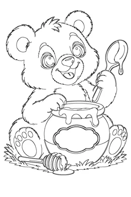 Bear coloring page — black-and-white outline to print and color: a baby bear cub hugging a honey pot