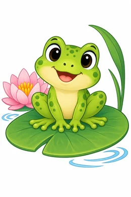 Frog coloring page — colored preview: a baby frog sitting on a lily pad, beside a pink lotus flower