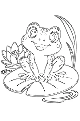 Frog coloring page — black-and-white outline to print and color: a baby frog sitting on a lily pad