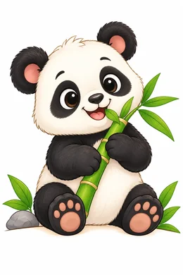 Panda coloring page — colored preview: a baby panda hugging a bamboo stalk with green leaves