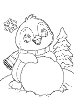 Penguin coloring page — black-and-white outline to print and color: a baby penguin rolling a giant snowball