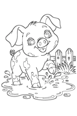 Piglet coloring page — black-and-white outline to print and color: a baby piglet splashing in a mud puddle