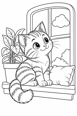 Cat coloring page — black-and-white outline to print and color: a kitten sitting on a windowsill