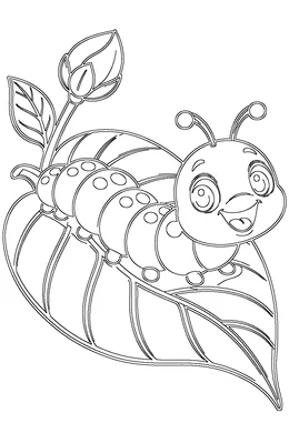 Caterpillar coloring page — black-and-white outline to print and color: a striped caterpillar crawling on a leaf