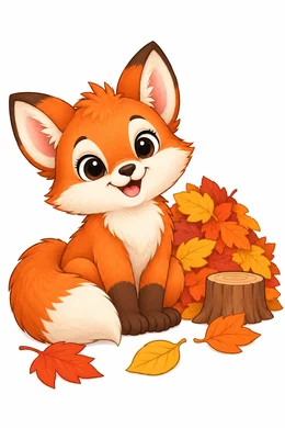 Fox coloring page — colored preview: a baby fox sitting beside a pile of autumn leaves and a tree stump