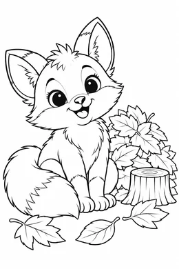 Fox coloring page — black-and-white outline to print and color: a baby fox sitting beside autumn leaves