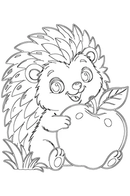 Hedgehog coloring page — black-and-white outline to print and color: a baby hedgehog holding a big red apple