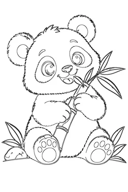 Panda coloring page — black-and-white outline to print and color: a baby panda hugging a bamboo stalk