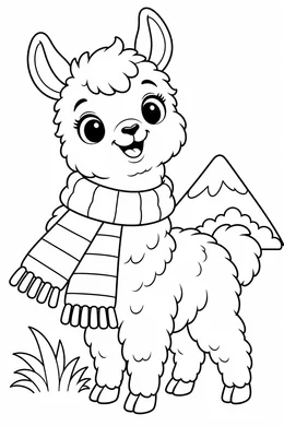 Llama coloring page — black-and-white outline to print and color: a baby llama wearing a striped scarf