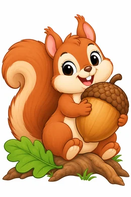 Squirrel coloring page — colored preview: a baby squirrel holding a big acorn, sitting on a tree stump with an oak leaf
