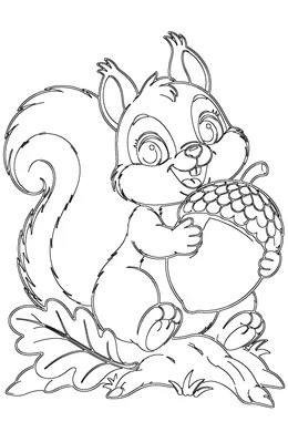 Squirrel coloring page — black-and-white outline to print and color: a baby squirrel holding a big acorn