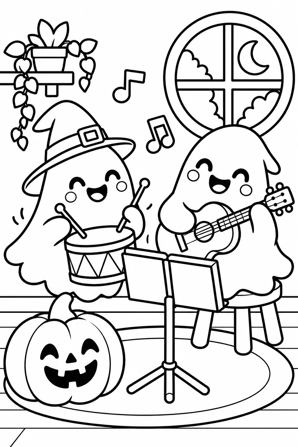 Printable black and white line art of Ghostly Music Room