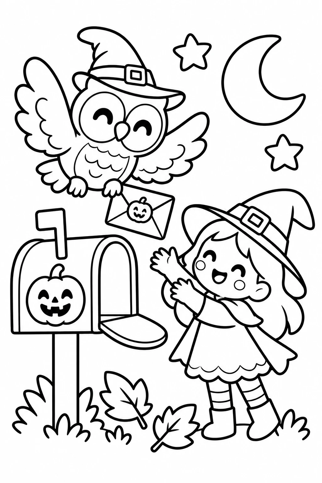 Printable black and white line art of Owl Halloween Mail