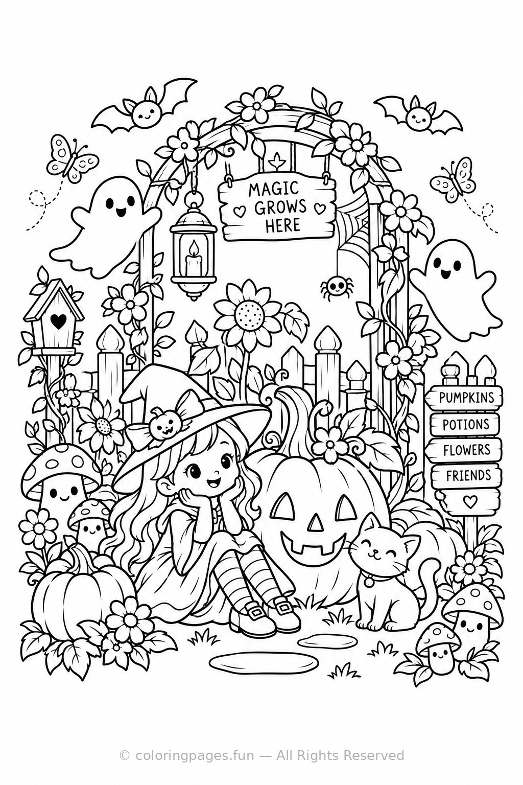 Printable black and white line art of Magical Halloween Garden