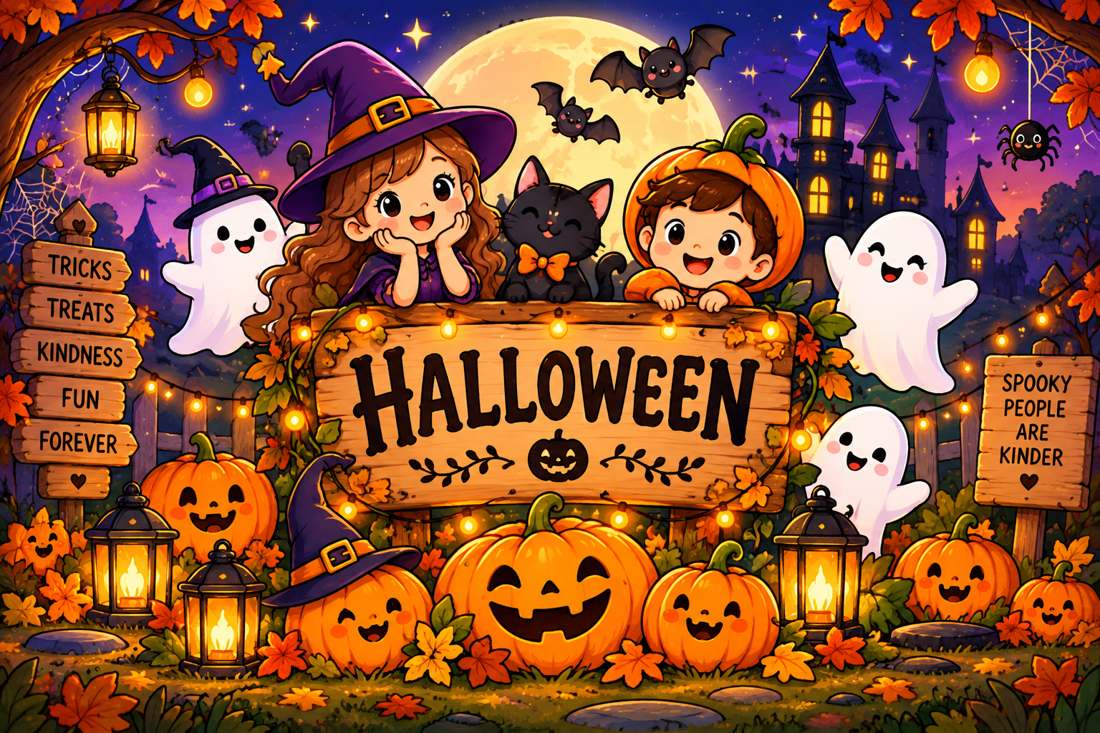 Kids in Halloween costumes with ghosts, pumpkins and a haunted house