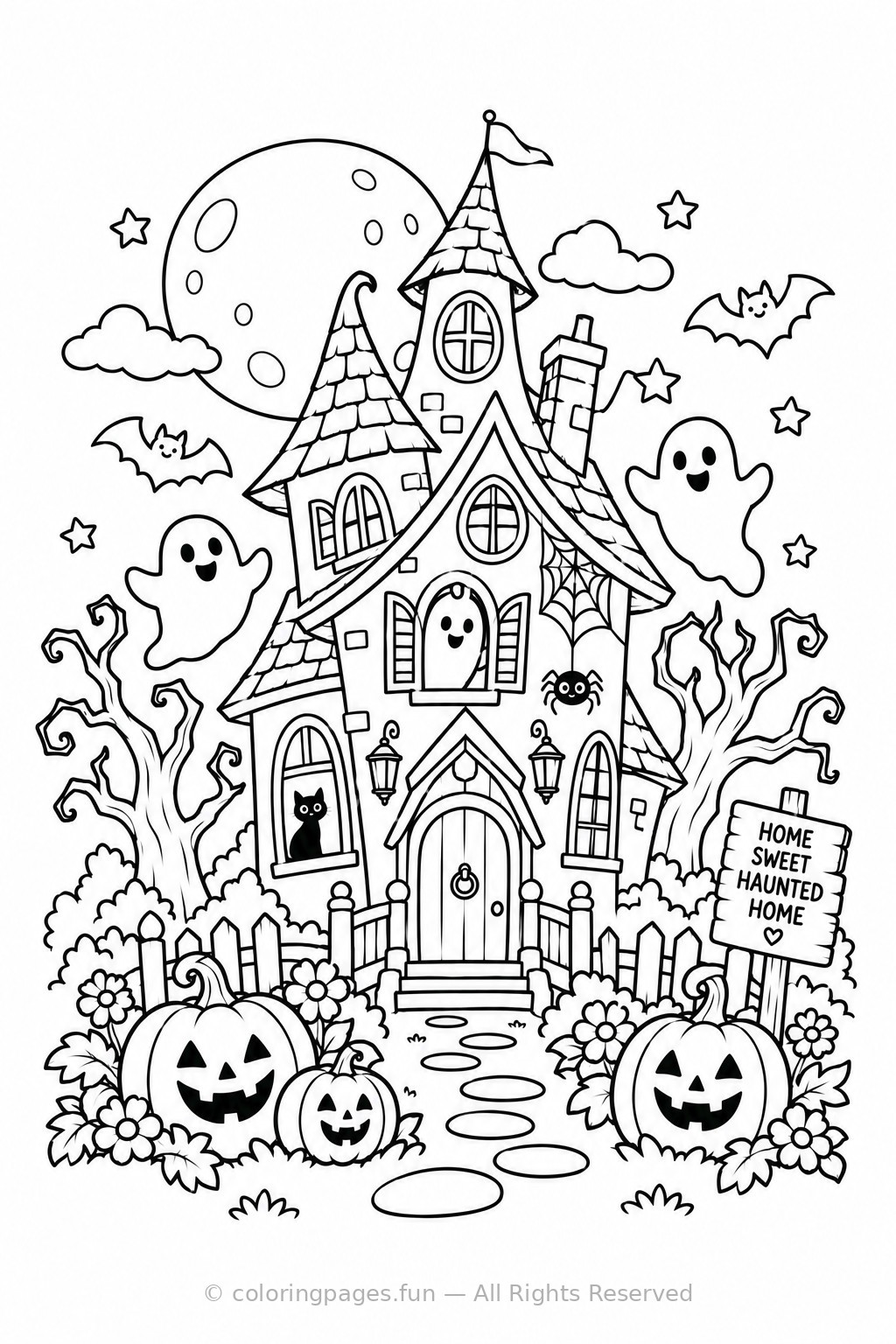Printable black and white line art of Cute Haunted House