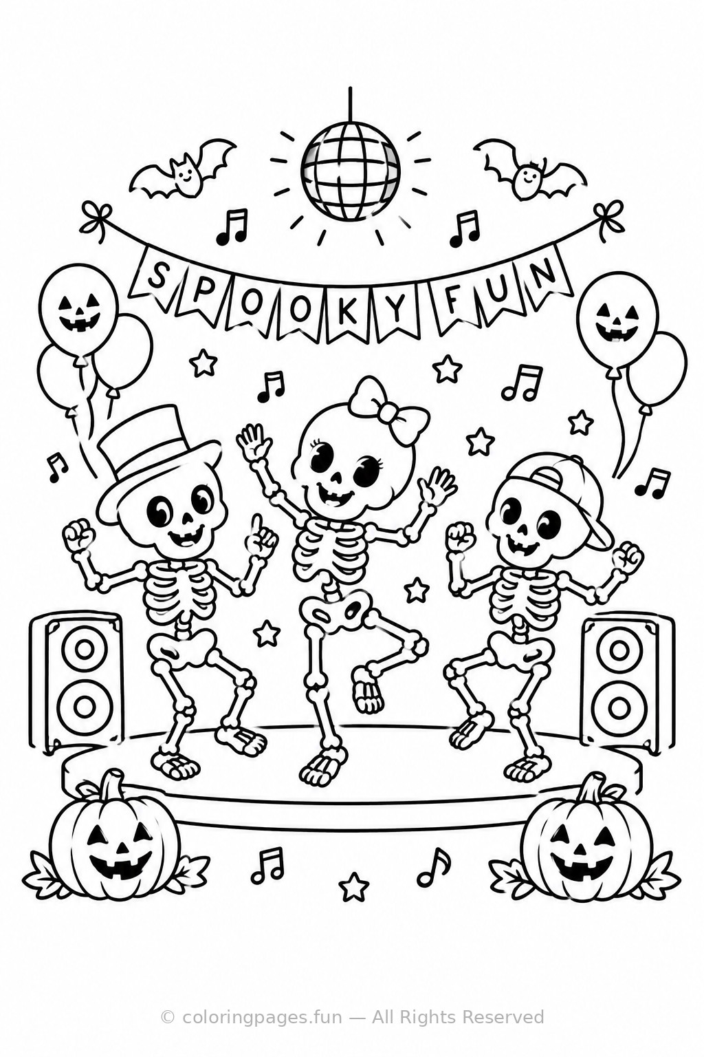 Skeleton Dance Party printable coloring page