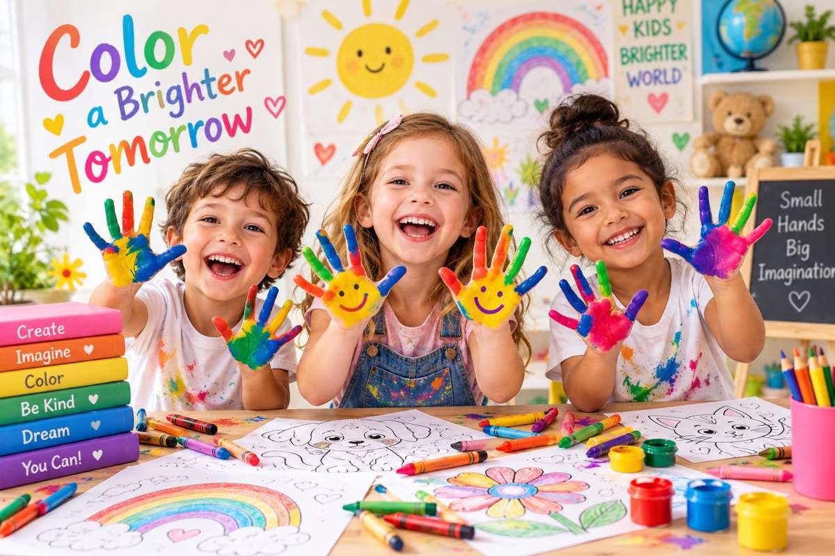 Kids showing off paint-covered hands next to printable coloring pages and crayons